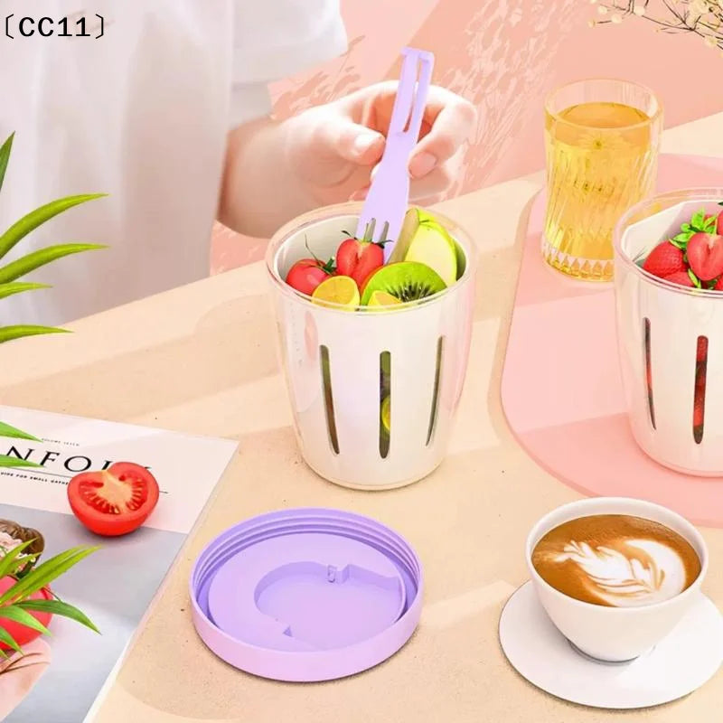 Cylindrical Salad Container Plastic Fruit Cup Fork Drainage Holes Qme