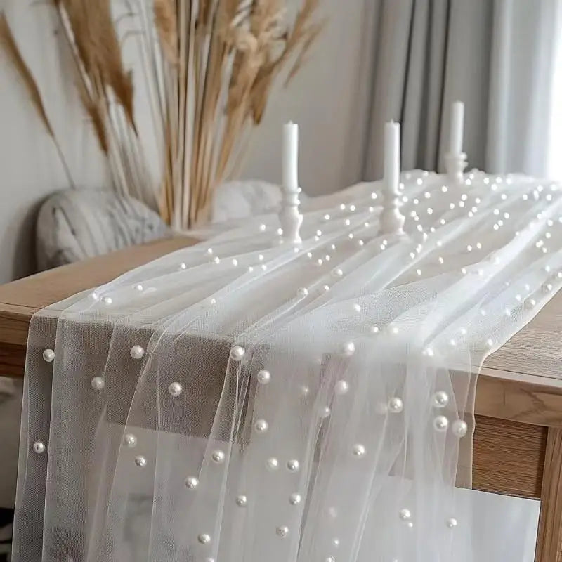 80x200cm Pearl Gauze Decorative Table Flag Beaded Net Gauze Wedding Table Flag Curtain Party Tablecloth Background Decoration Qme