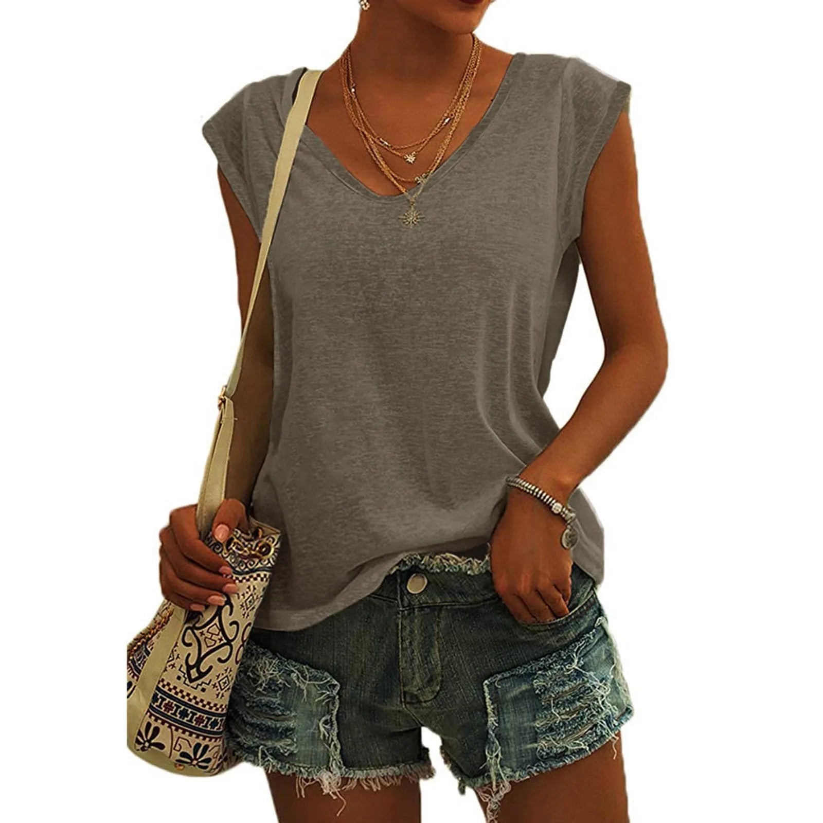 Women's Solid Color Minimalist Fashionable V-Neck Sleeveless T-Shirt Casual And Versatile Loose Summer Basics Street Tank Tops Qme Brown L