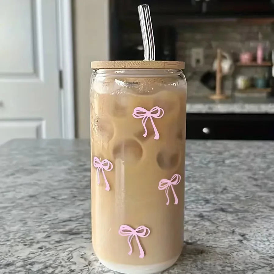 500ml Cute Bow Glass Cup Bow Bear Pattern Water Bottle Coffee Cups With Lids Straw Brush Valentine's Day Party Gift Qme