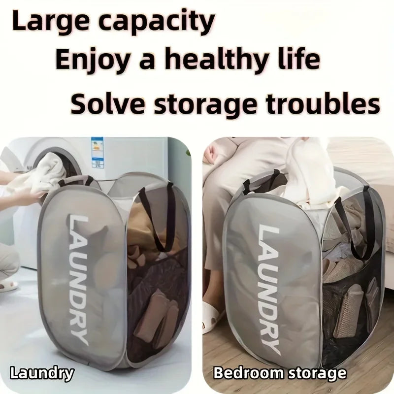 Foldable clothes storage basket with handle - Mesh washing machine suitable for laundry, bathroom, and dormitory decoration Qme