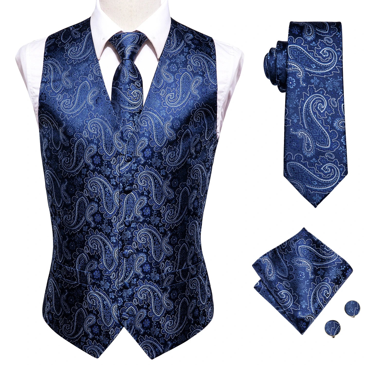 Hi-tie Black Men Vest Paisley Jacquard Necktie Hankerchief Cufflinks Qme MJ-0020 2XL