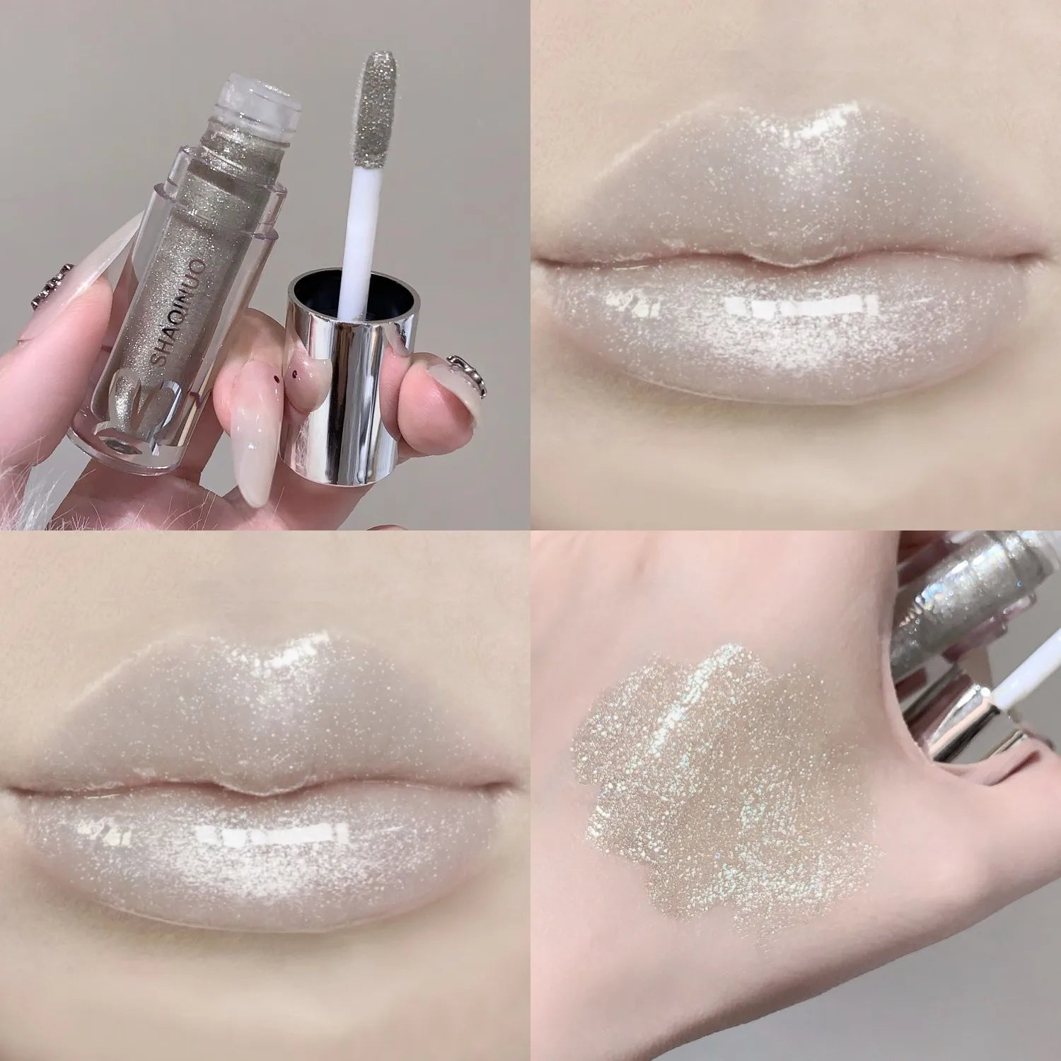 SHAQINUO Water Light Mirror Lip Gloss Lasting Moisturizing Cool Black Silver Gray Pearlescent Fine Sparkling Lipstick Lip Oil Qme S9137-05