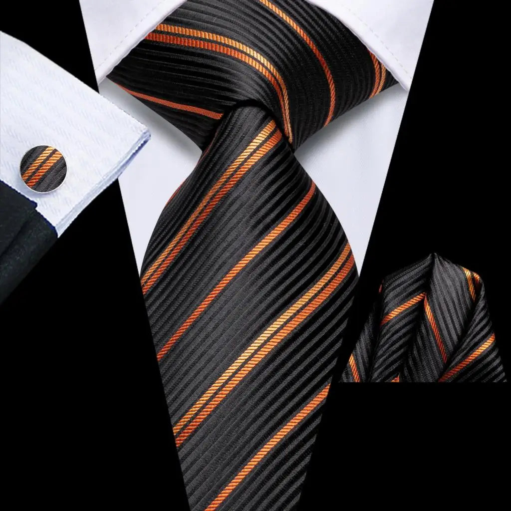 Hi-Tie Striped Navy Blue Mens Fashion Necktie Handkerchief Cufflinks for Tuxedo Accessory Classic Silk Luxury Tie for Man Gift Qme SN-3762