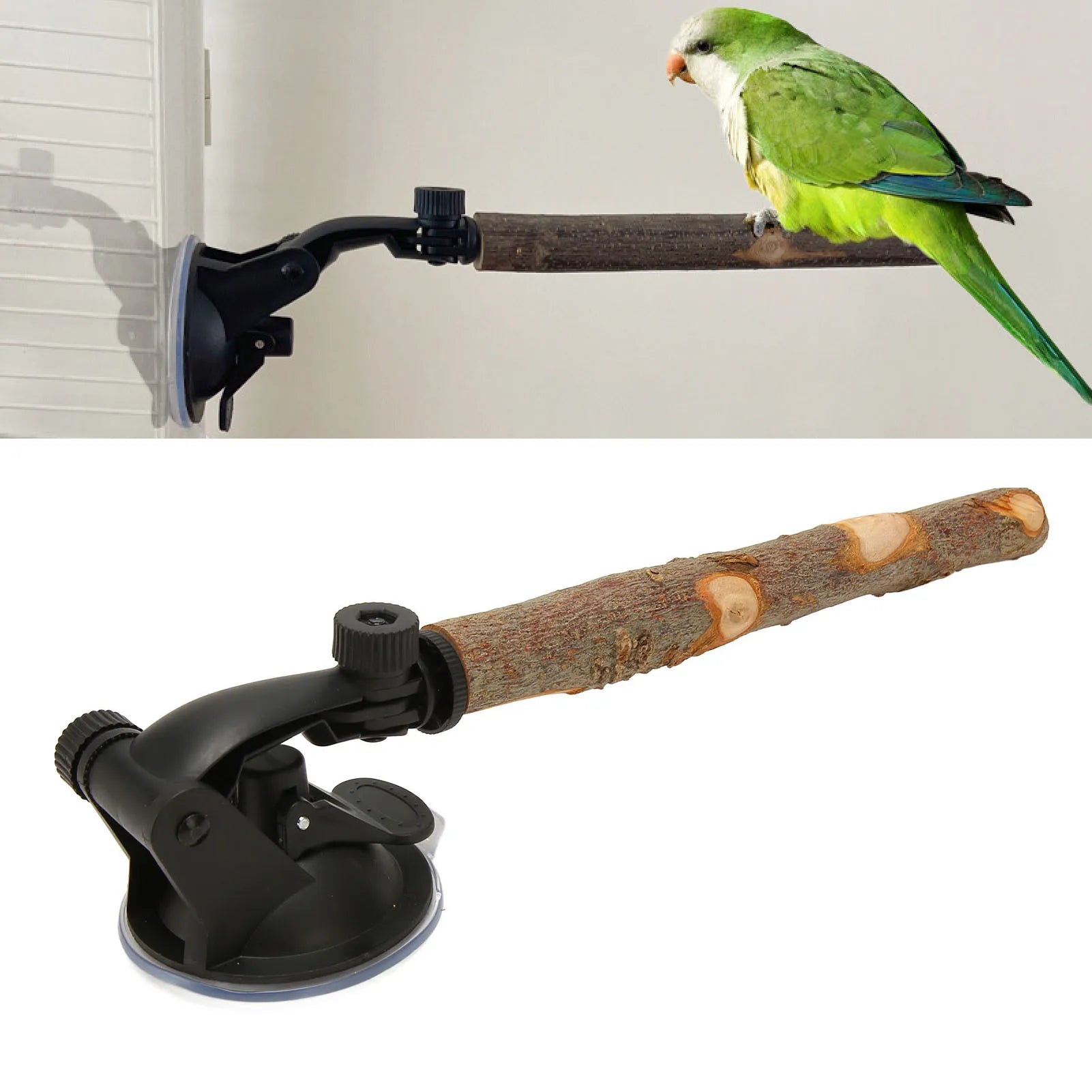 Parrot Suction Cup Window Perch Stand Bird Bath Perch Wooden Wall Mounted Bird Stand Interactive Training Cage Perch for Bird Qme