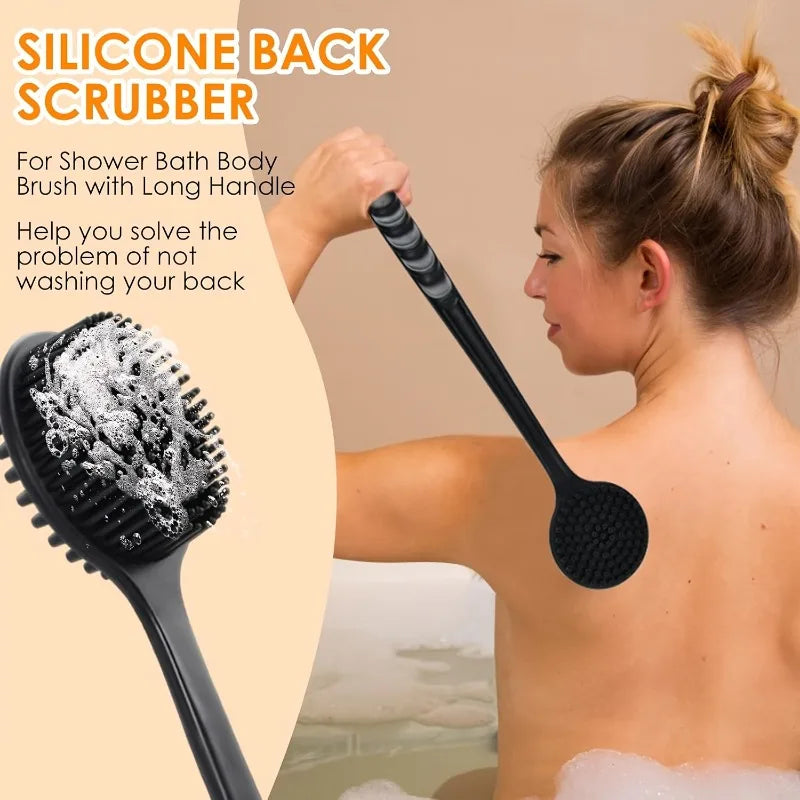 Long Handle Silicone Bath Brush Body Back Face Gentle Exfoliating Qme