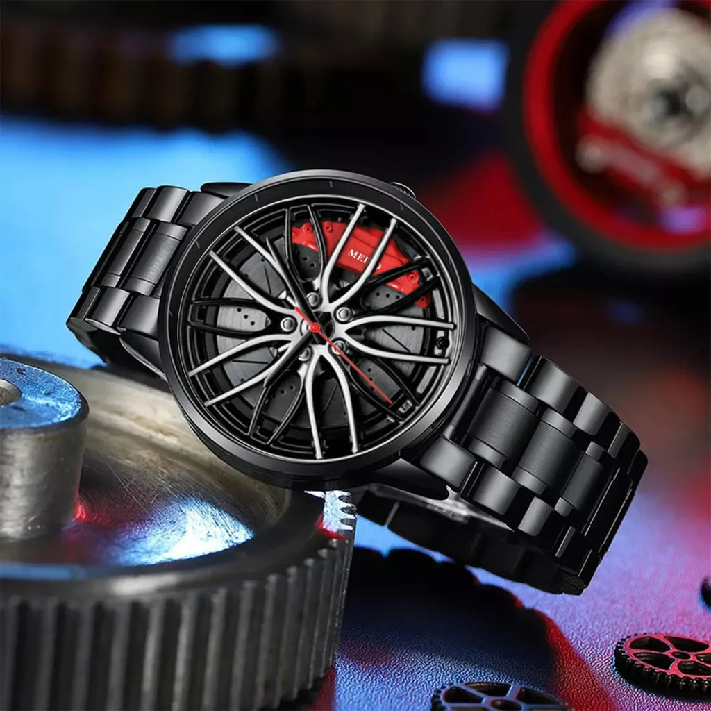 Car Watches For Men,Waterproof Stainless Steel Quartz Wrist Watch Sports Men’s Watches With Car Wheel Rim Hub Design Qme