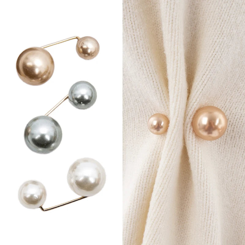 Women Tightening Waistband Pin Double Pearl Brooches Metal Lapel Pins Qme