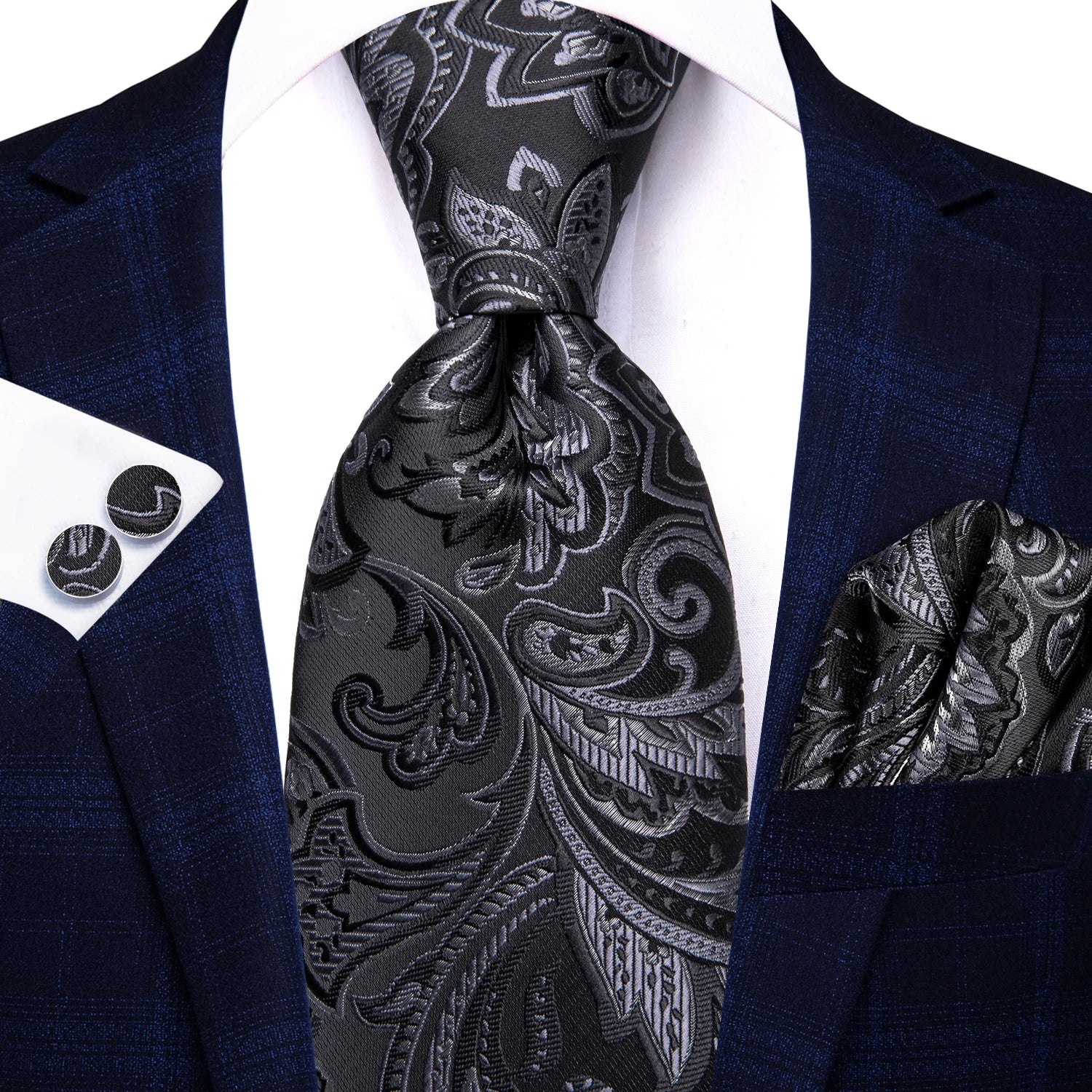 Hi-tie Fashion Black Grey Floral Mens Elegant Tie Handkerchief Qme N-3926