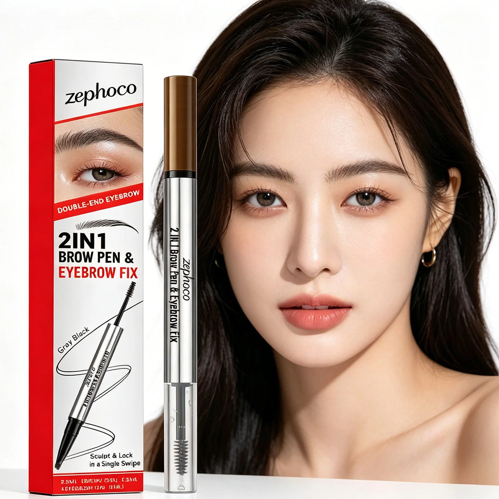 zephoco 2 in 1 Brow Pen Eyebrow Fix Long Lasting Waterproof Quick Shape Multi-use Smudge Proof Makeup Double-End Eye Brow Pencil Qme