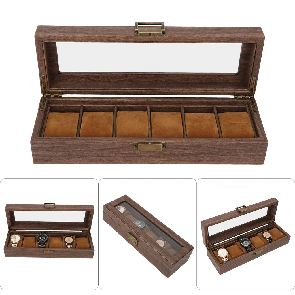 6 Slot Watch Storage Display Box Wood Grain PU Leather Lockable Wristwatch Protective Box Watch Protective Box Watch Display Box Qme