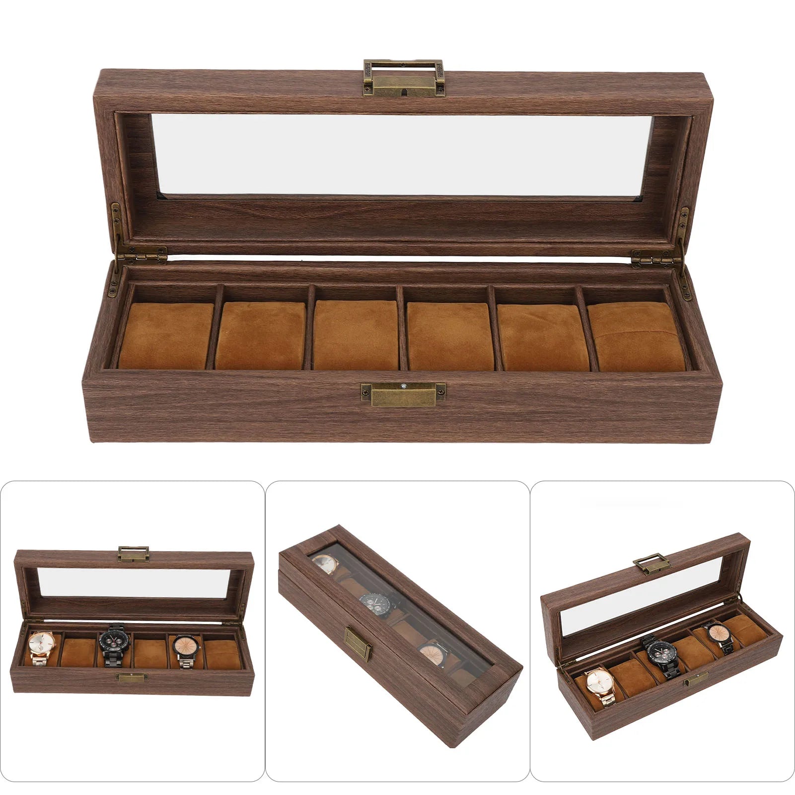 6 Slot Watch Storage Display Box Wood Grain PU Leather Lockable Wristwatch Protective Box Watch Protective Box Watch Display Box Qme