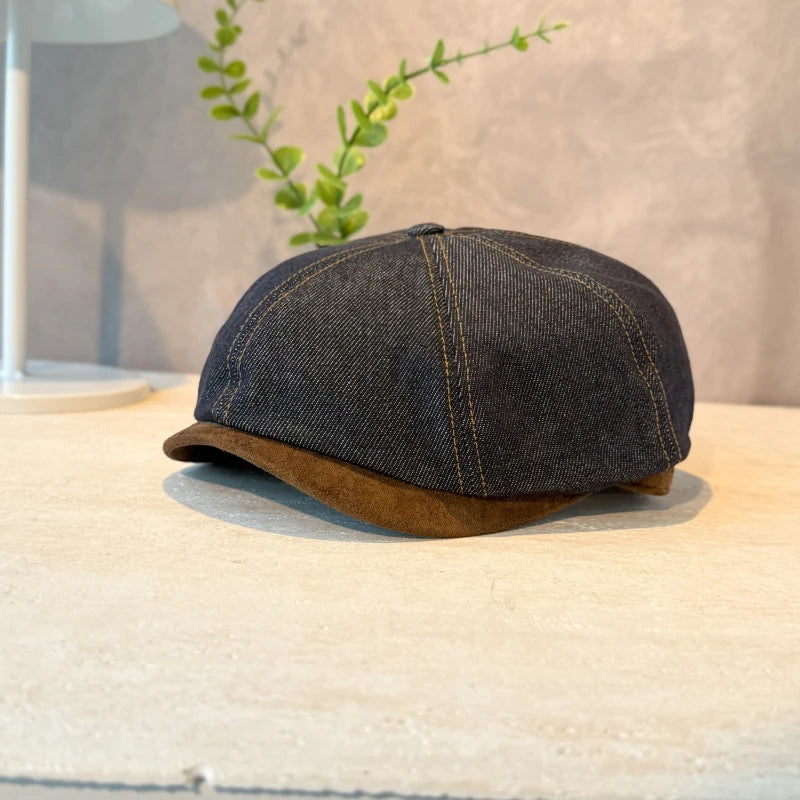 Washed Distressed Vintage Denim Patchwork Beret Painter Hat Qme Blue One Size