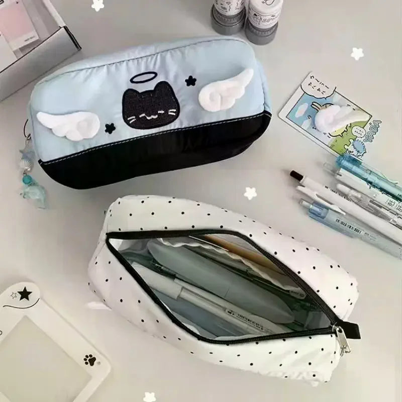Cute Cartoon Angel Cat Printed Pencil Case Student Stationery Back Qme