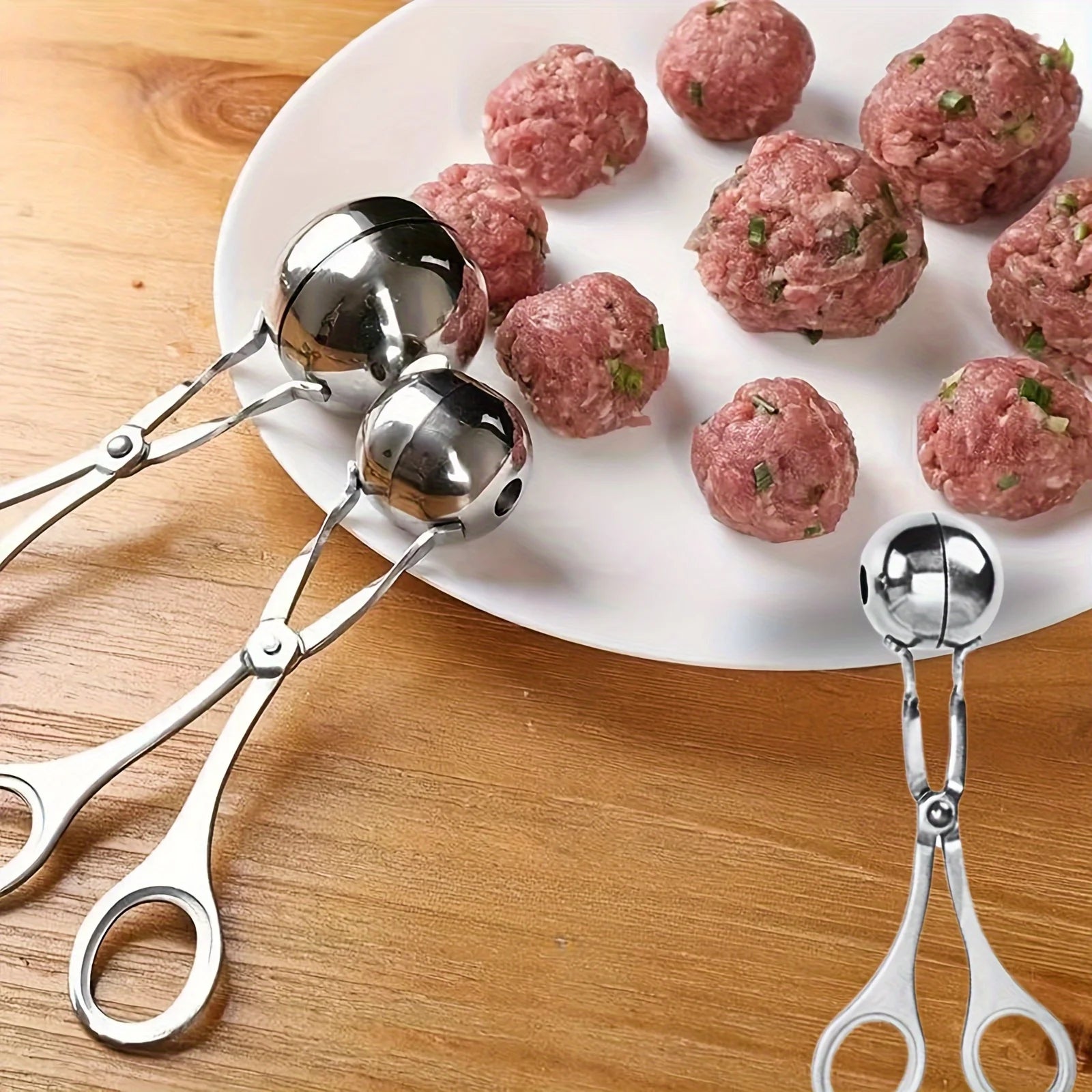 1pc Stainless Steel Meat Ballers with Anti-Slip Handles None-Stick Meat Baller Tongs Meatball Scoop Ball Makers, Qme