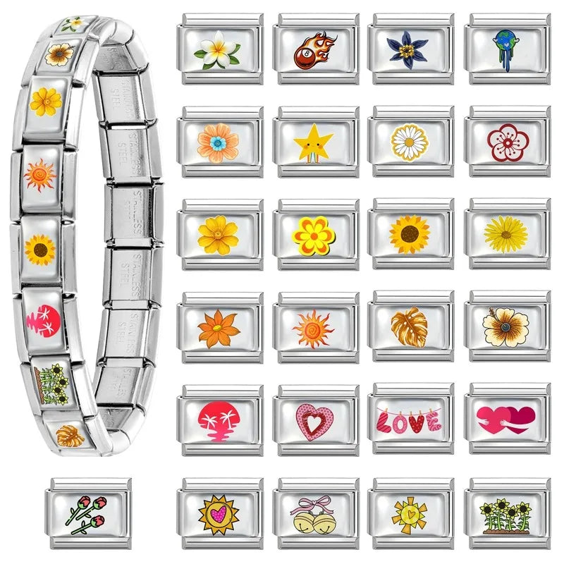 Design Colorful Earth Sun Sunflowers Stainless Steel Link fit 9mm Italian Flowers Series Jewelry Making DIY Charm Bracelet Gifts Qme