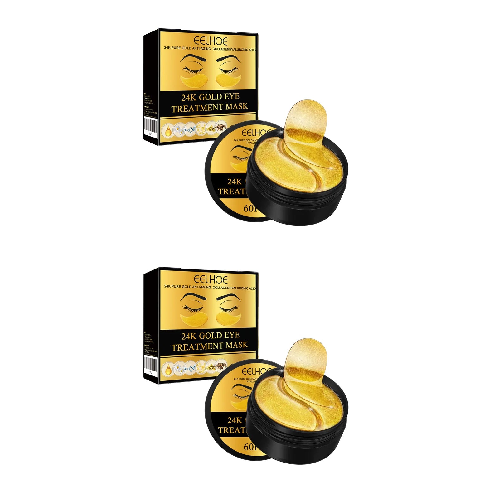 24K Gold Eye Treatment Mask Remove Dark Eye Circles Firming Fade Fine Lines Anti-Aging Hyaluronic Acid Collagen Under Eye Mask Qme 2 x 60Pcs Boxed