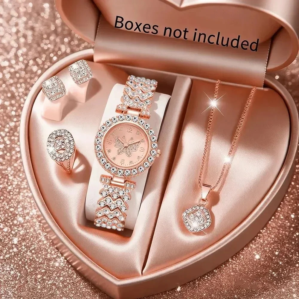 5PCS Luxury Rhinestone Butterfly Dial Women's Quartz Watch Elegant Ladies Bracelet Wristwatch Jewelry Set Qme