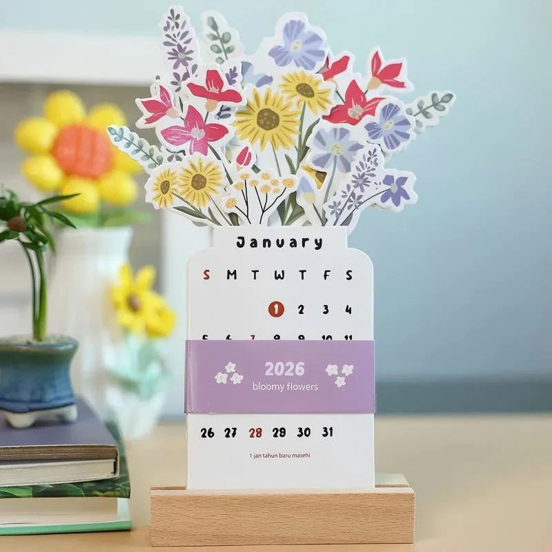 2026 Bloomy Flowers Mini Calendar Standing Desk Vase-like Desktop Qme