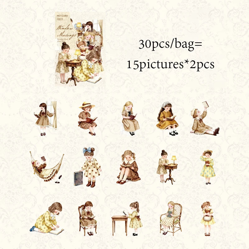 European Vintage Girl Reading Sticker Book, Artistic Decor Material for Journal Collage, High-Value Creative Supply Qme D