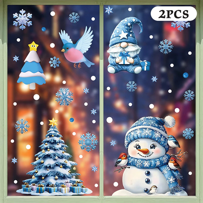 Blue Christmas Window Clings-Static Sticker Set With Bells, Reindeer, Santa, Snowflakes & Snowman For Holiday Party Decor Qme A3