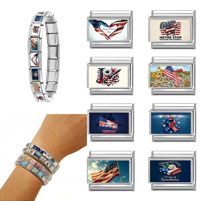 Original Design American Memorial Day Series Fresh Flower Italian Charm Links Fit 9MM Stainless Steel Bracelets DIY Making Gifts Qme