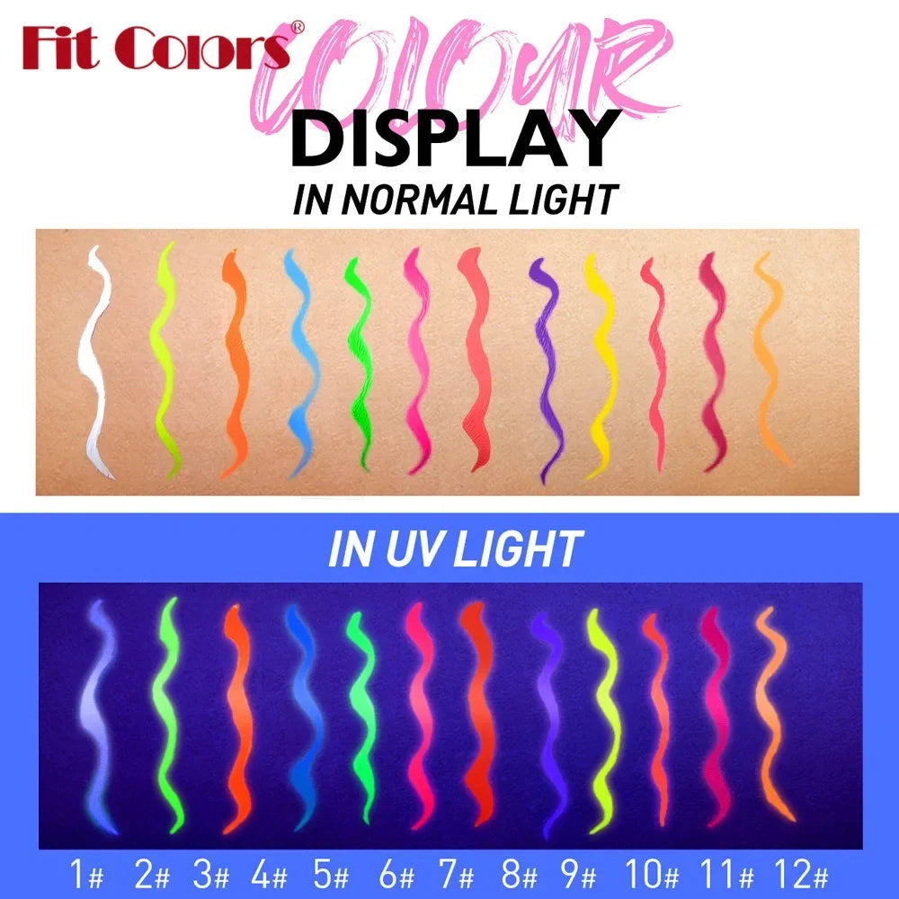 12Colors Liquid Eyeliner Neon Colored Halloween Liner Eyeliner Pen Waterproof UV Blacklight Fluorescent Face Body Paint Makeup Qme