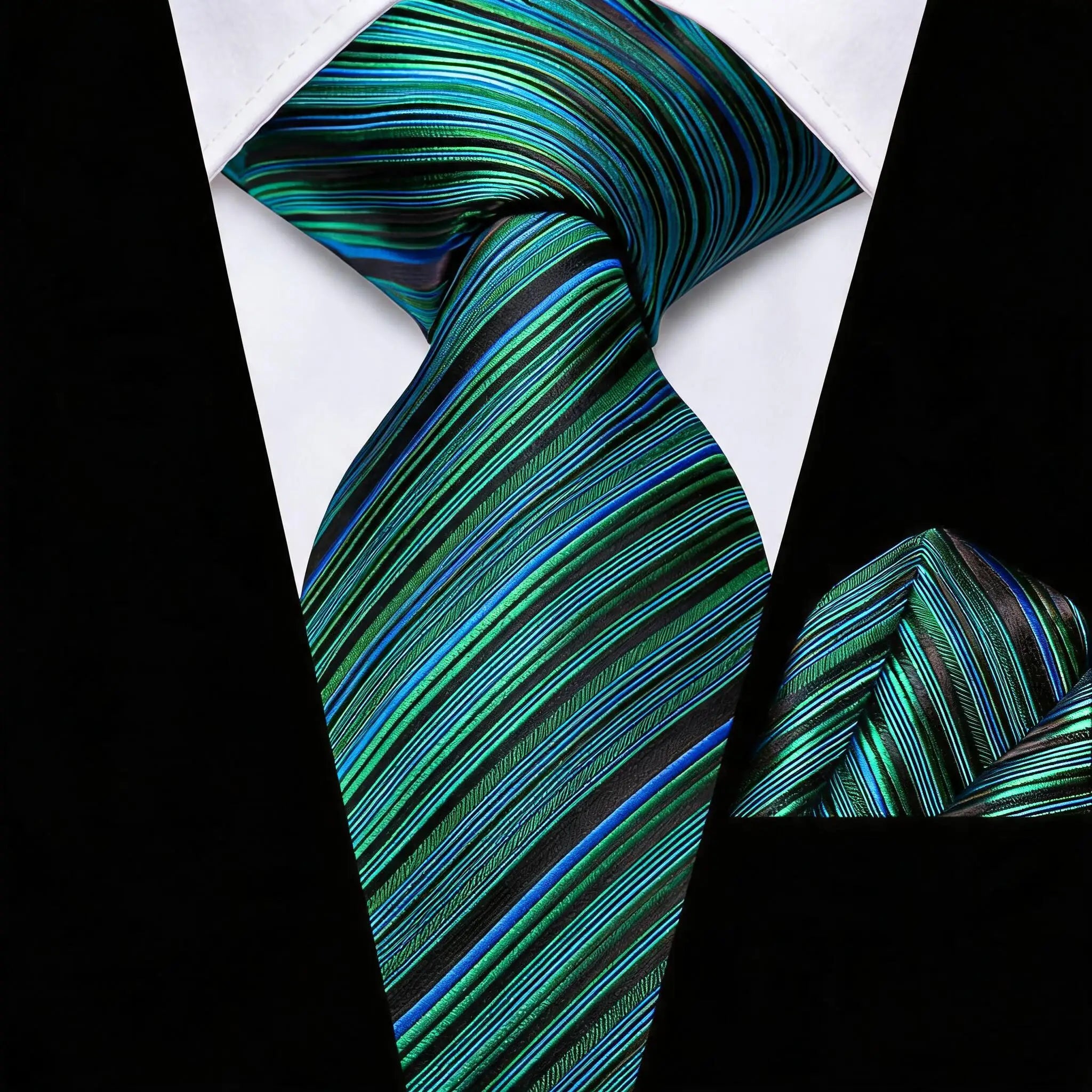 Diagonal Striped Tie Pocket Square Blue Black Brown Gold Men Formal Qme DPTH-LDSN3939
