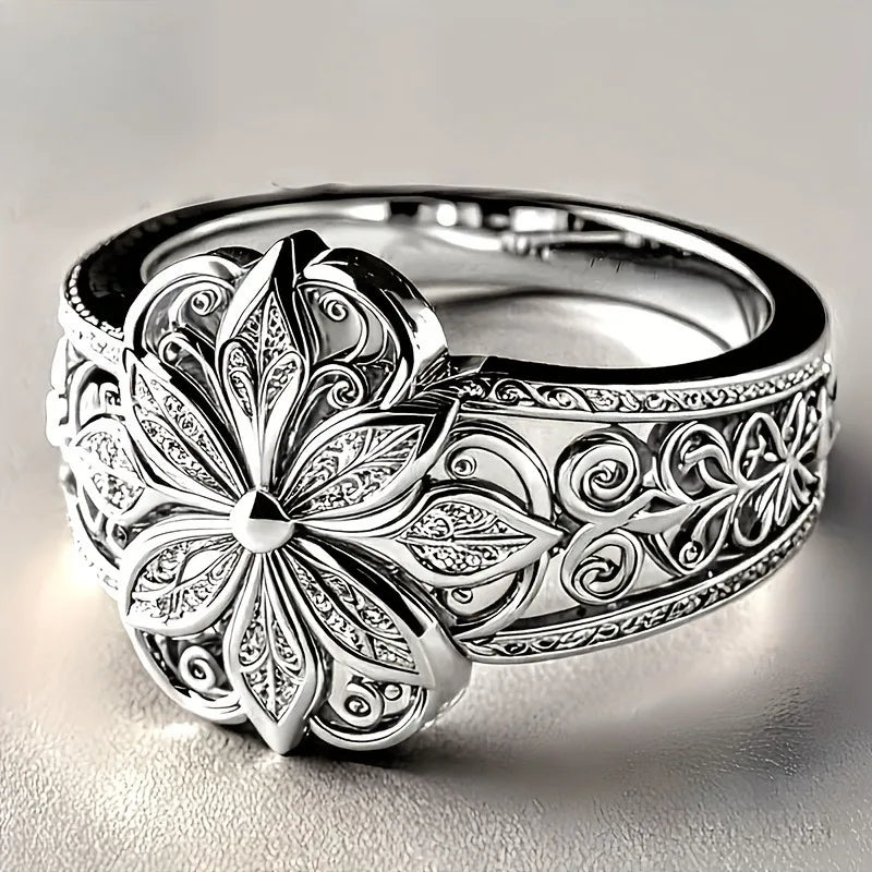 Vintage Flower Filigree Ring Silver Color Hollow Out Floral Statement Rings for Women Antique Carved Cocktail Party Jewelry Gift Qme