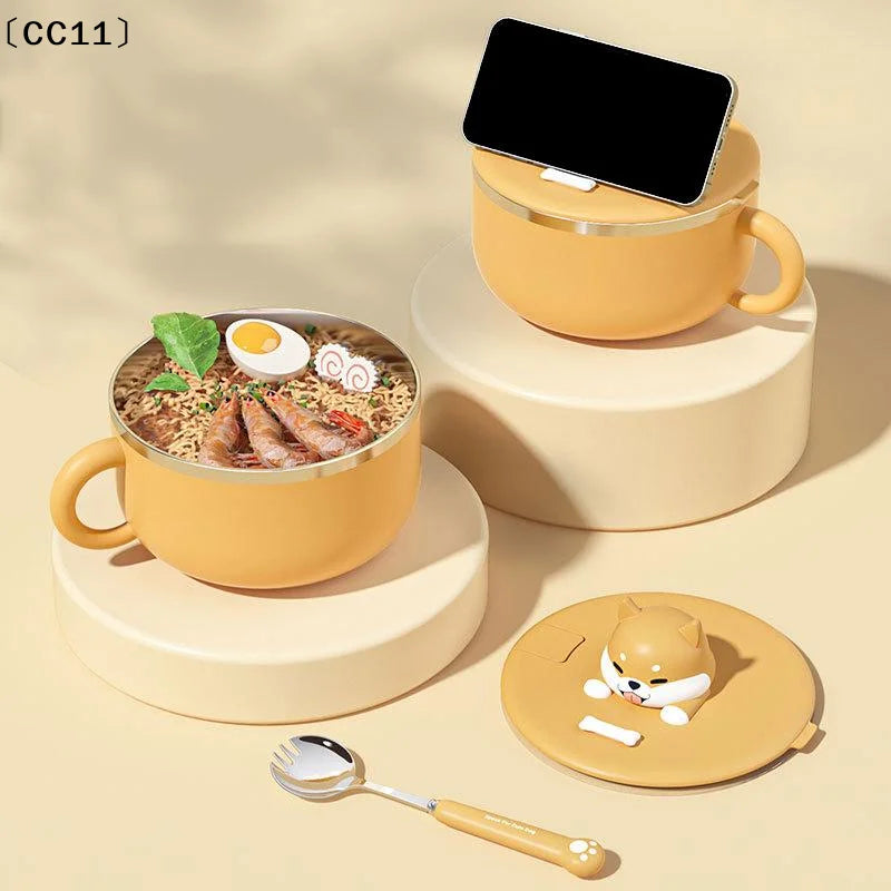 Cute Dog Instant Noodle Bowl Stainless Steel Lid Large Fruit Salad Qme