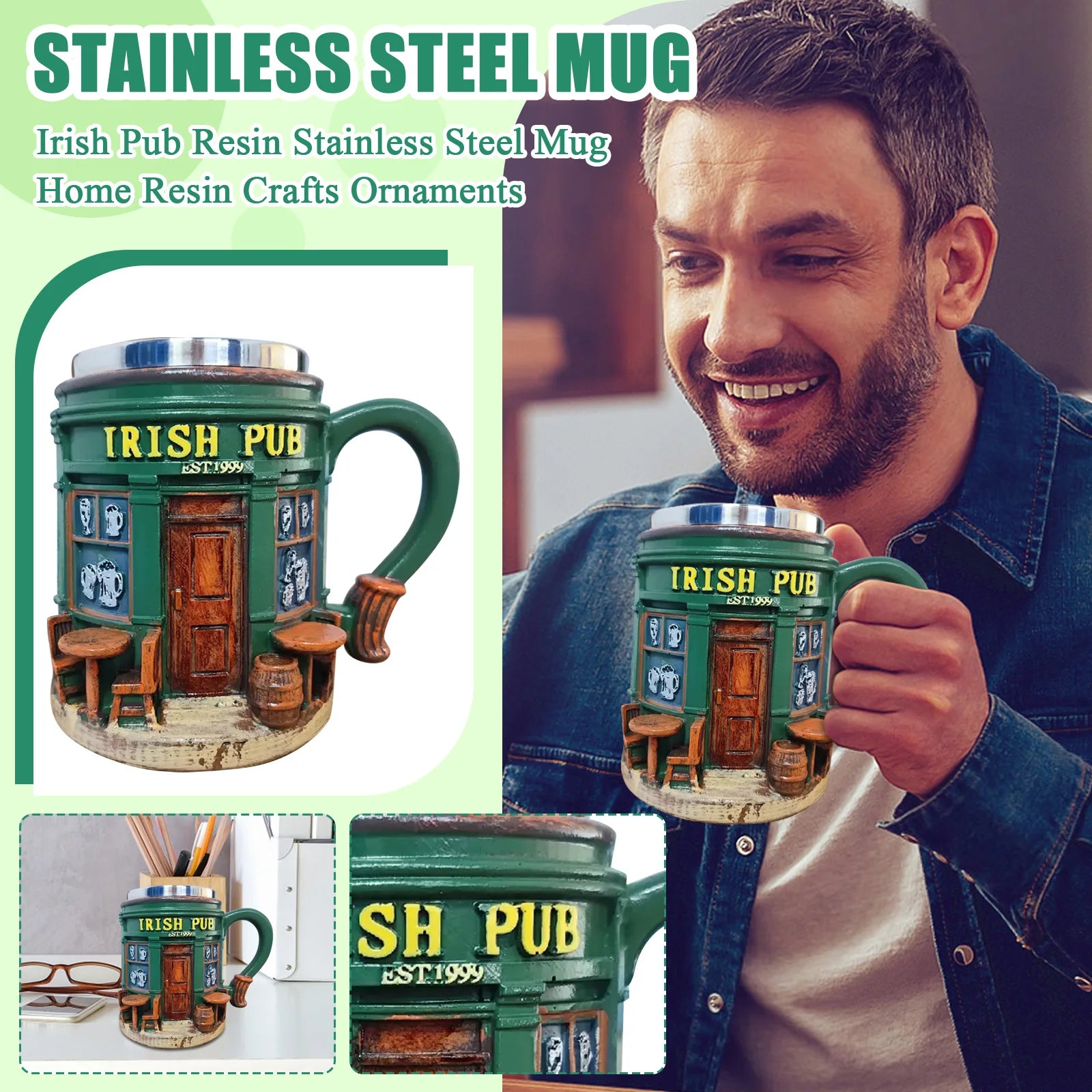 Creative Irish Pub Stainless Steel Mug Home Bar Resin Crafts Ornaments Beer Mug Coffee Cup Drinking Utensils Xmas Holiday Gift Qme as shown One Size