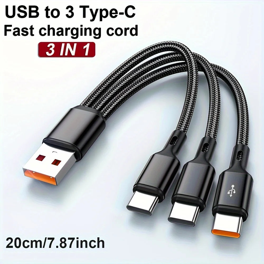 3 IN 1 USB Cable Cord USB To Type C Charger Cable Multi 6A Type C Ports Fast Charging Data Cord For iPhone Samsung Xiaomi Huawei Qme