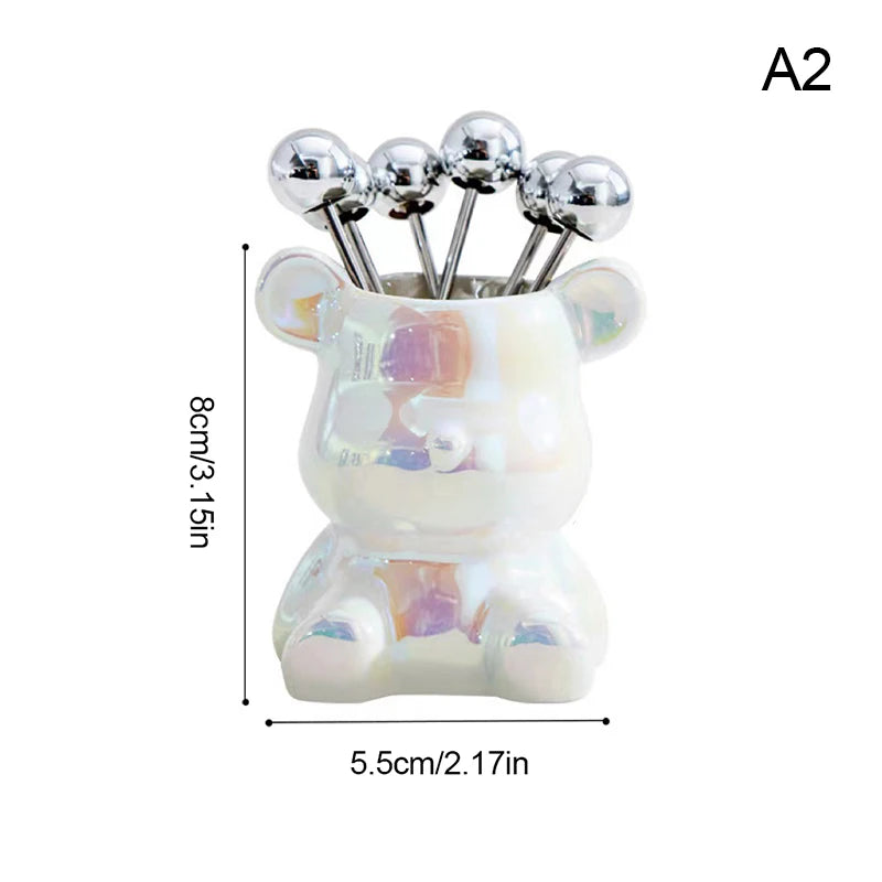 6Pcs Stainless Steel Dessert Forks With Storage Jar Cute Bear Utensils For Party Dessert Fruit Pickle Fruit Salad Tasting. Qme A2