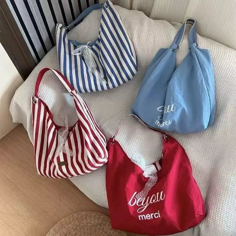 Stripe Hobo Bag Women Lace Bow Decor Canvas Tote Reversible Shoulder Qme