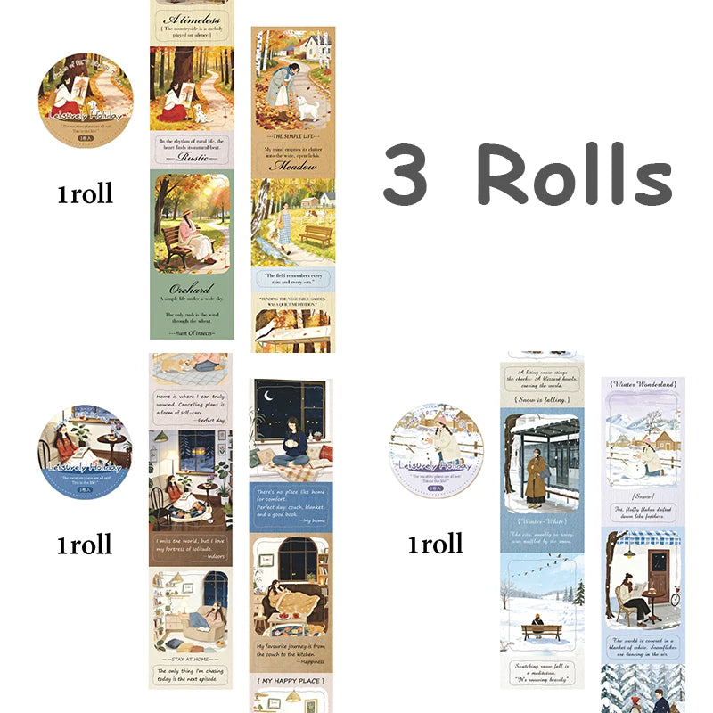 3 Rolls Four Seasons Scenery & Figure Washi Tape, Art Journal Background Supplies, Versatile High-Value Stationery, Qme B