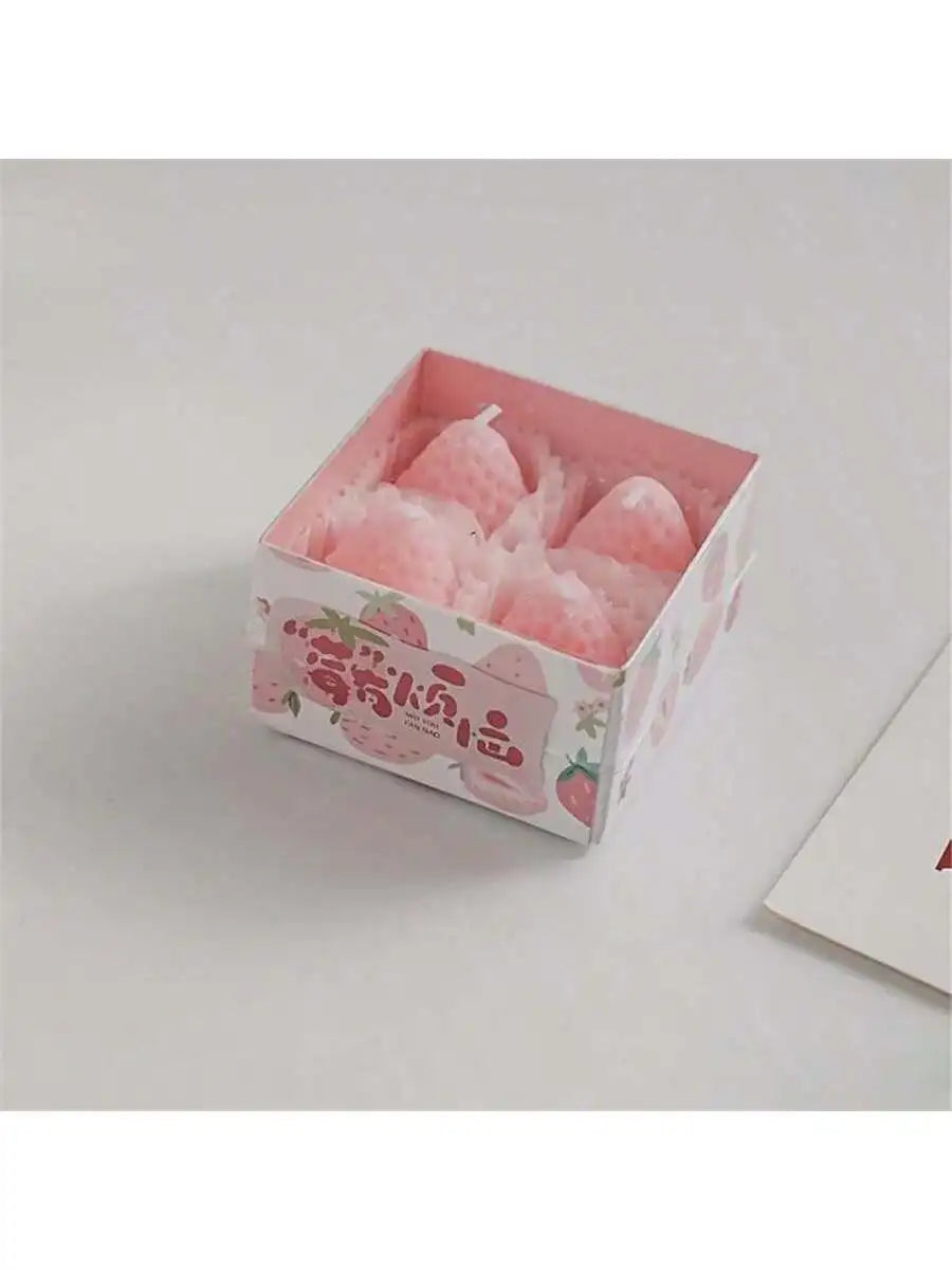 4 Strawberry Shaped Scented Candles Unique Soy Wax Sweet Taste Used Qme pink