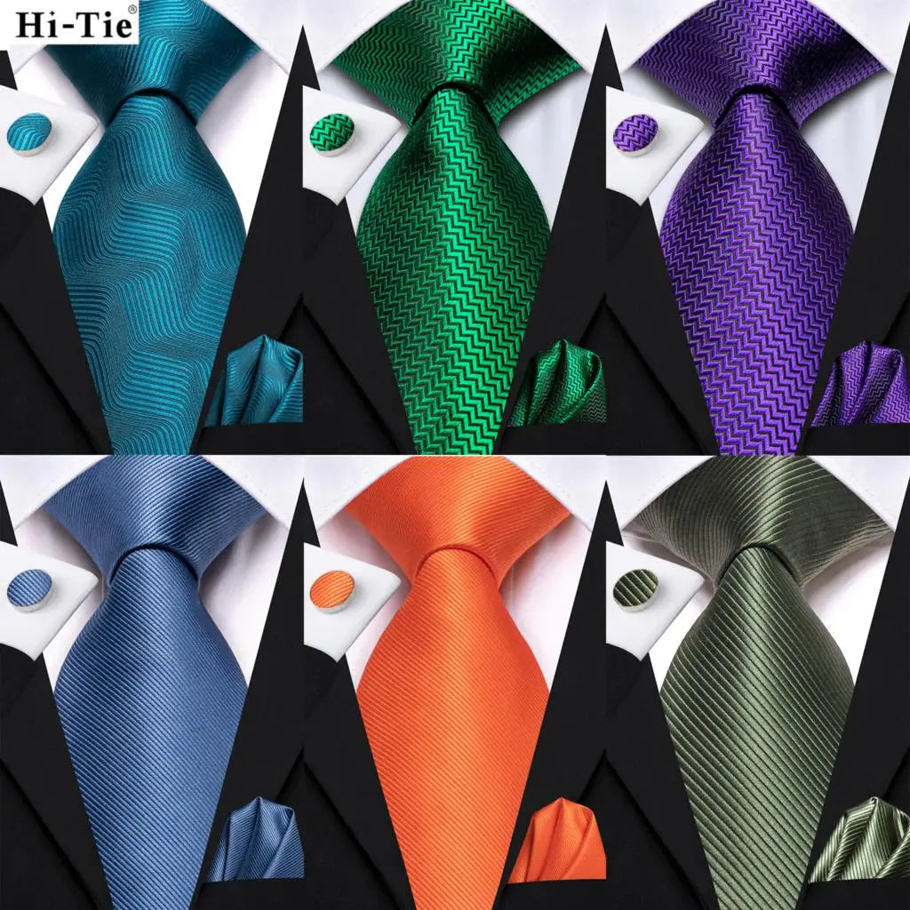 Hi-tie Men Fashion Solid Green Blue Necktie Handkerchief Cufflinks Qme