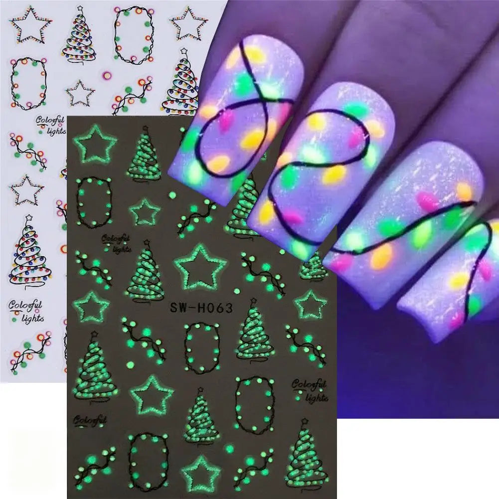 Christmas Nail Art Stickers Decals Luminous Xmas Stars Trees Nail Stickers Glow In Dark Christmas Light Nail Stickers Decoration Qme