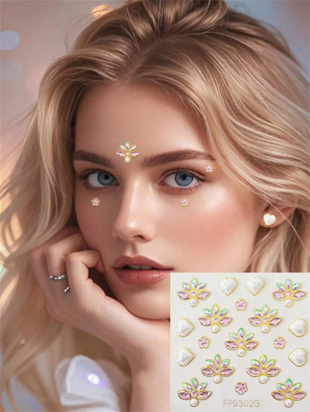 1 Sheet 3D Bling Face Rhinestone Sticker Blue Acrylic Gem Gold Qme