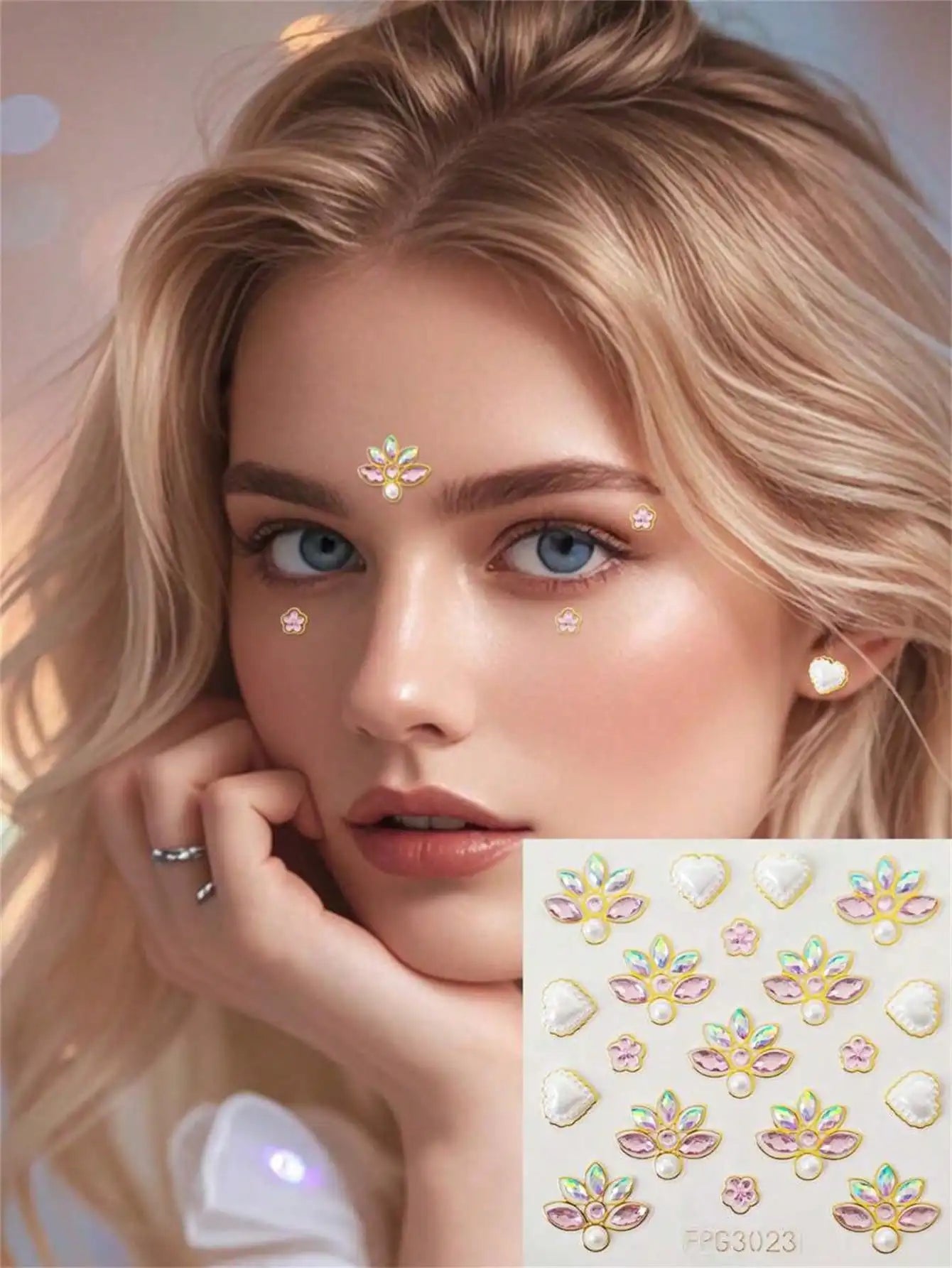 1 Sheet 3D Bling Face Rhinestone Sticker Blue Acrylic Gem Gold Qme