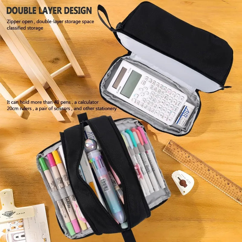 Large Capacity 4 Compartments Pencil Pouch Bag Zipper Portable Handle Qme