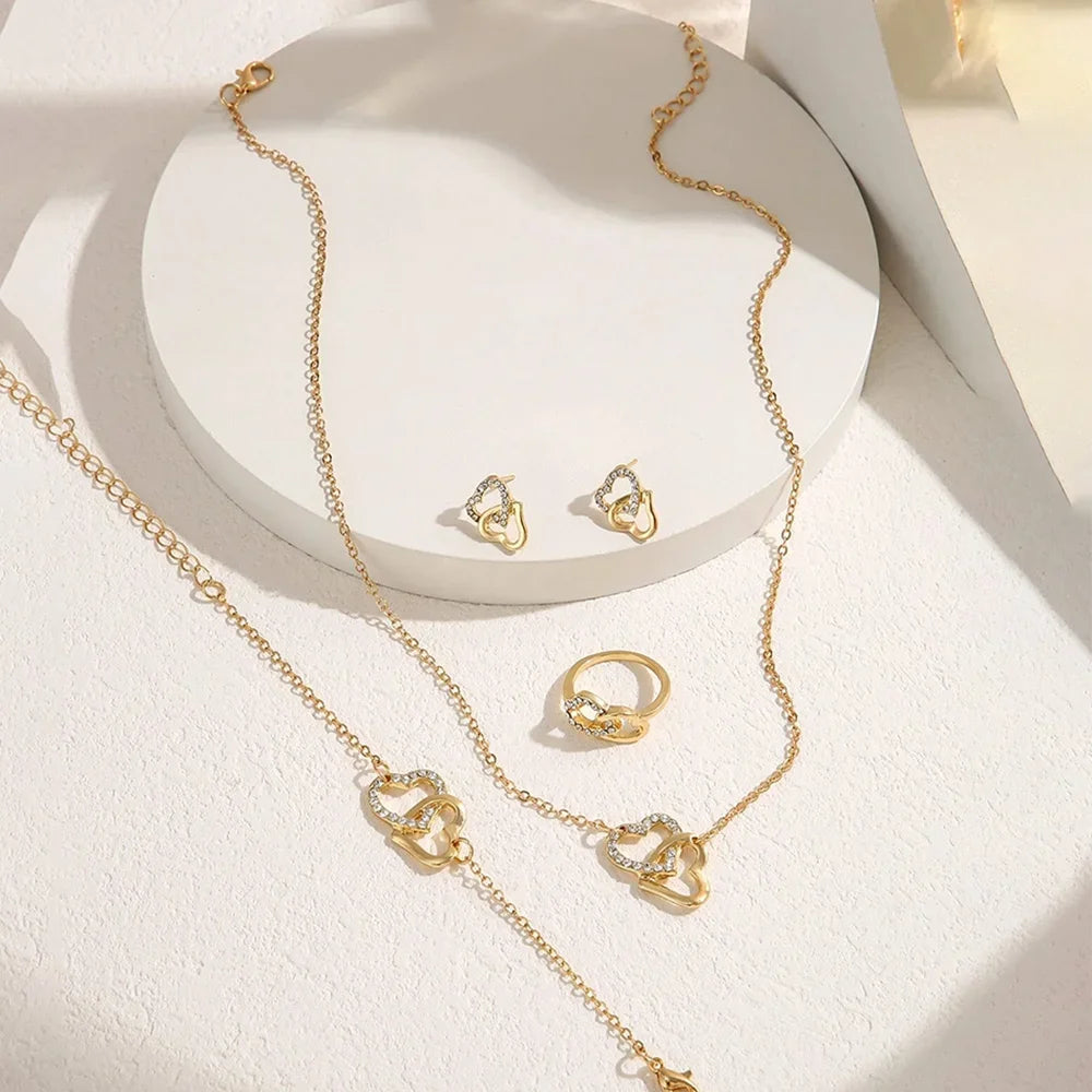 5-Piece wedding Fashionable &Exquisite Gold Rhinestone Heart Jewelry Set - Earrings, Necklace, Bracelet and Ring Combination Qme