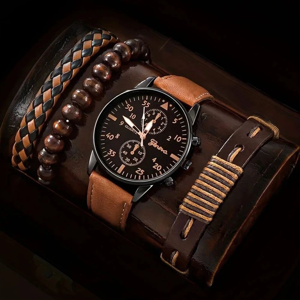 1pcs men's watch high-end Hong Kong style fashion watch quartz watch paired with 3pcs versatile and personalized bracelet set Qme