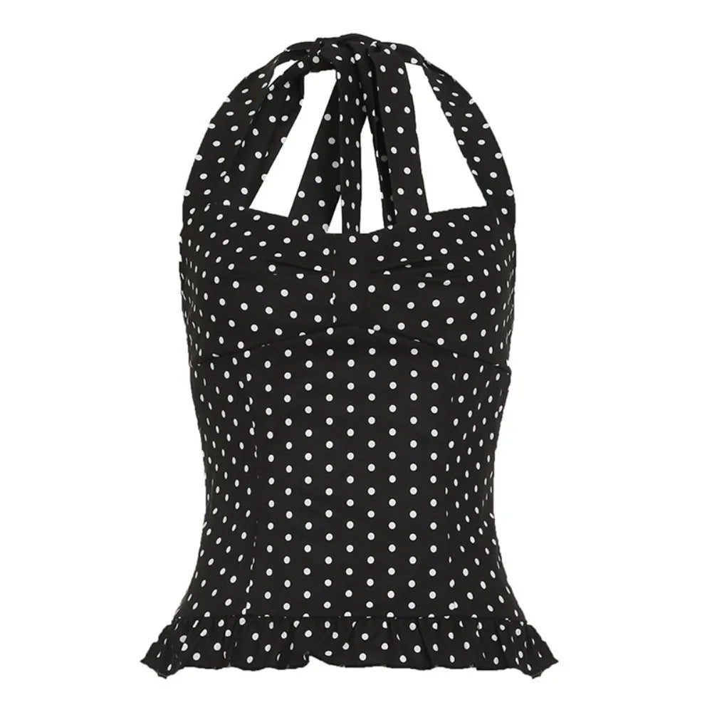 Fashion Sleeveless Women Crop Pleated Y2k Lace-up Dots Camisole Beach Qme Black L
