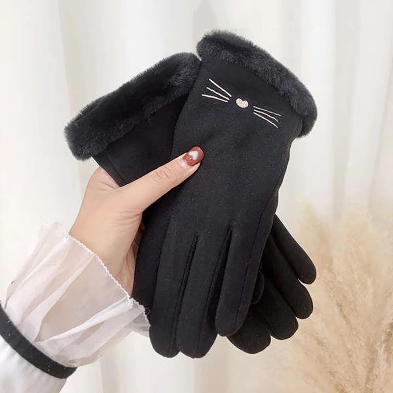 Autumn Winter Warm Suede Gloves Velvet Thickened Plush Decor Cuff Qme black