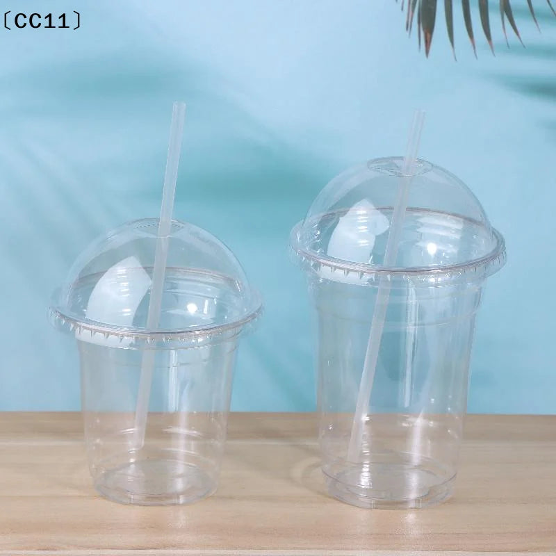 Disposable Clear Plastic Cups Lid 100 Straws Fruit Juice Milk Tea Qme
