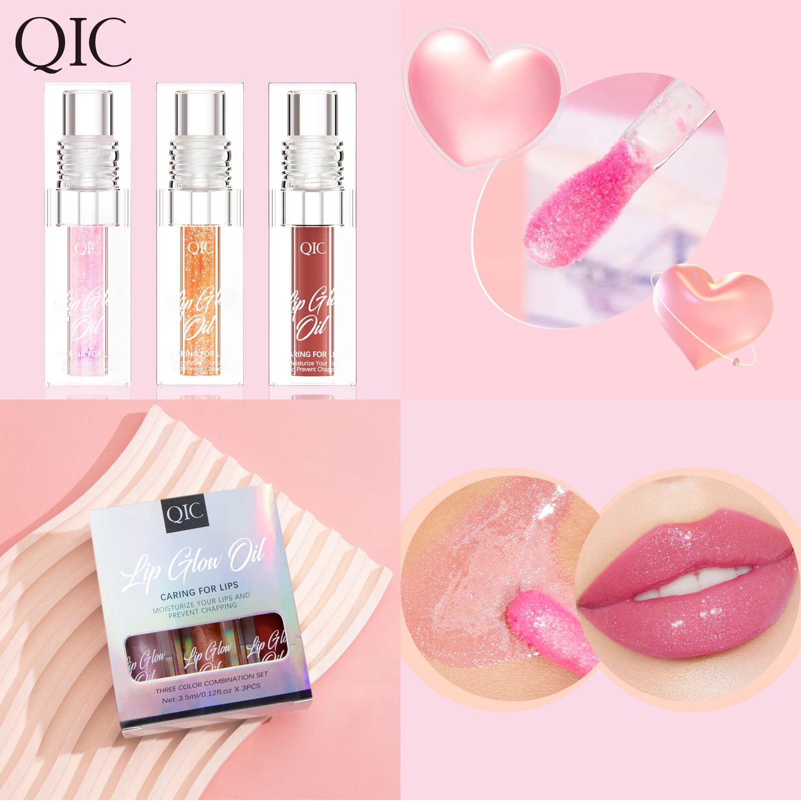 3 pcs Fine Sparkling Lip gloss set - Easy to color, non-stick，non-fading, moisturizing & shiny lip gloss set, a gift for ladies Qme