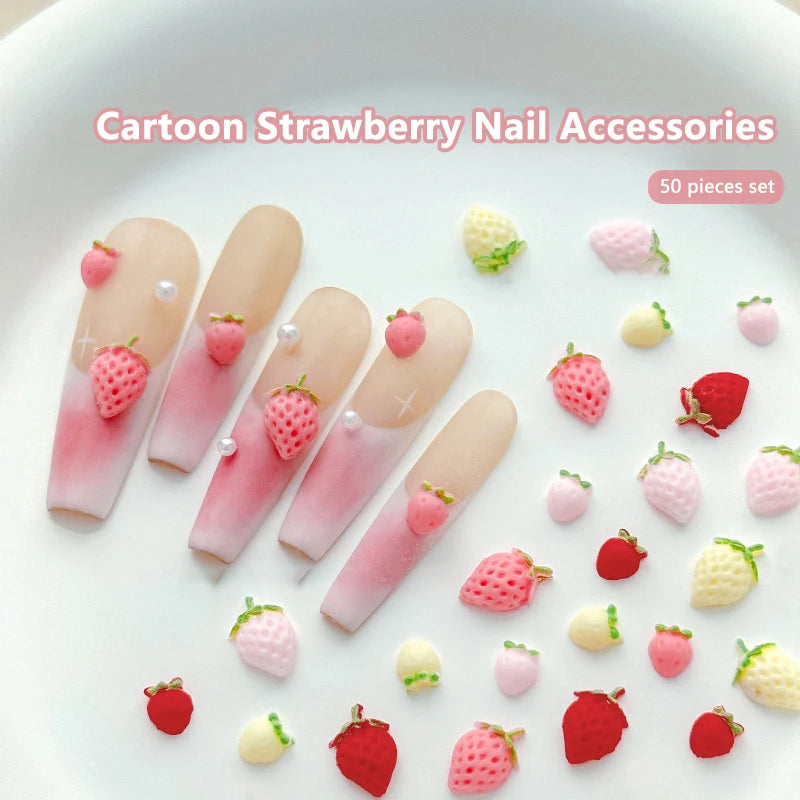 Sweet Strawberry Nail Charms 3D Resin Cartoon Fruits Rhinestones Qme