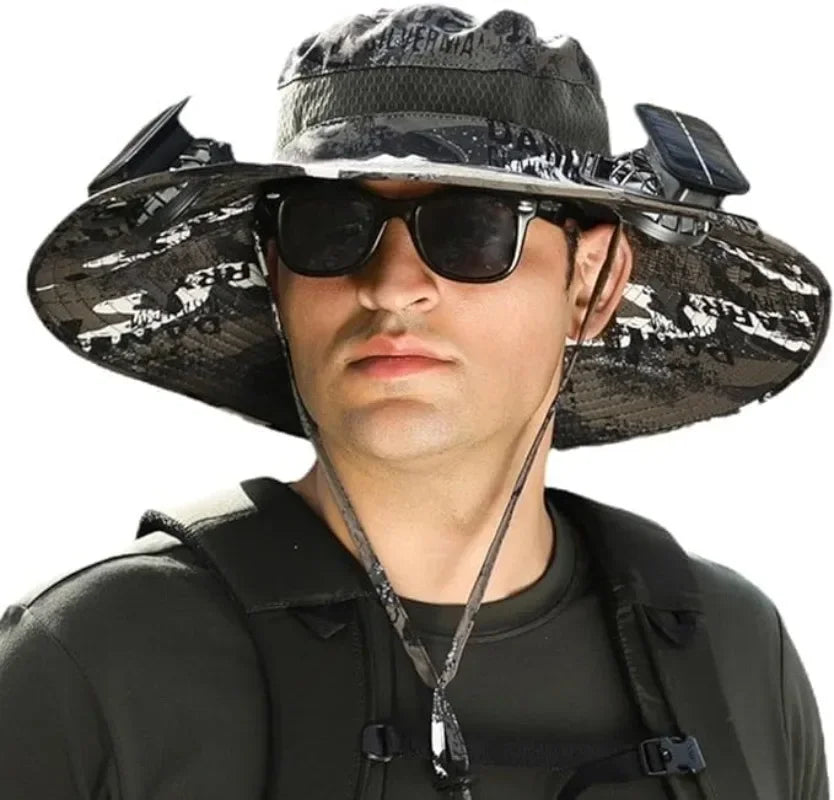 Solar Fan Bucket Hat Lightweight Breathable Wide Brim for Beach Gardening Hiking Rechargeable Via Sun or USB Cable for Men Women Qme Camouflage khaki