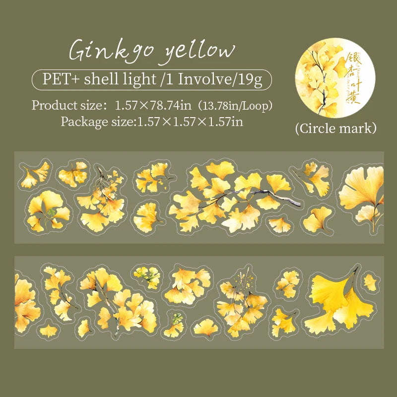 200cm，INS Plant Fallen Leaves，PET Tape，Japanese Stationery Stickers，DIY Scrapbooking Decor，Junk Journal Collage Masking Tapes Qme E 1.57X78.74 in